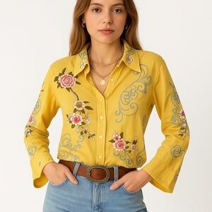 Womens Yellow Long Sleeve Button Up Shirt Floral Embroidered Boho Western  sz‎ M